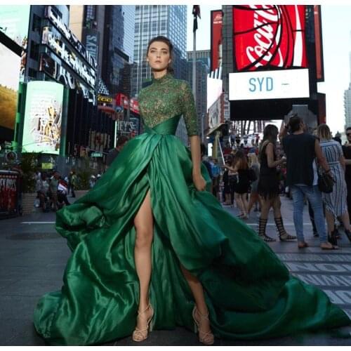 2021 Green Evening Dresses High Neck Lace Appliqued Half Long Sleeve A Line Prom Gowns Split Custom Made Plus Size Cocktail Gown