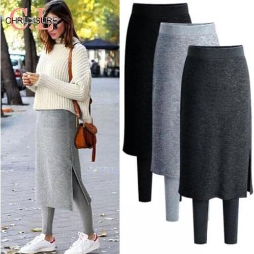 CHRLEISURE Two Pieces Skirt Leggings Womens Solid Color Sexy Slim Fit Elastic Winter Warm Fleece Long Skirt Leggings