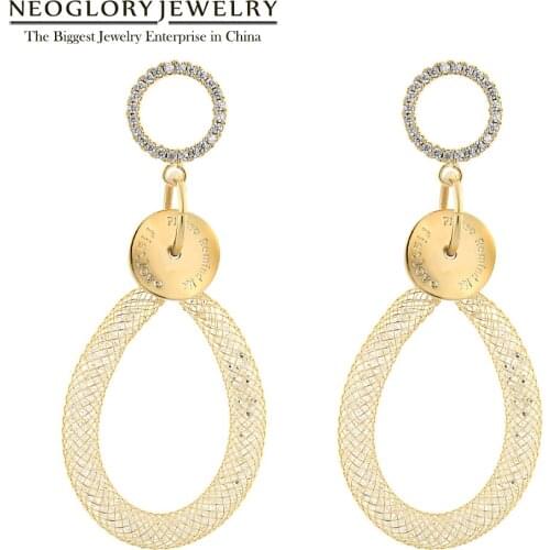Neoglory Anti Allergy Golden Crystals Long Drop Earrings For Women Statement Charm Coin & Metal Mesh Earring Gift For Girlfriend