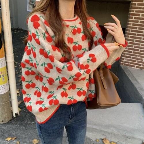 Women 2021 Autumn Winter Fashion Loose Sweater Tops Female Retro O-neck Printed Pullovers Ladies Thicken Warm Knitted Tops Y355