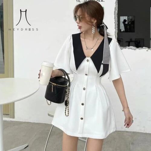 Heydress Women Elegant Peter Pan Collar Mini Dress 2021 Korean Summer Puff Sleeve Vingate Slim Party Dress Slim A-line Vestidos