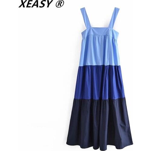 XEASY 2021 Women Vintage Blue Patchwork Casual Pleats Sling Dress Femme Chic Retro Back Elastic Poplin Boho Midi Vestido