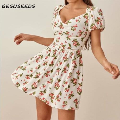 Casual dress women short sleeve dresses korean a line summer dress 2021 print mini dresses holiday vintage v neck dress white