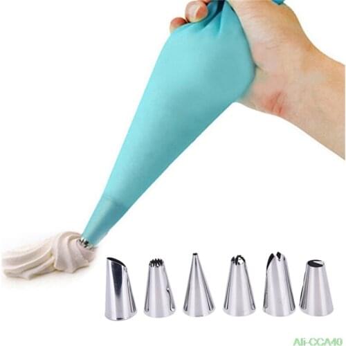 1 set (1+6pcs) DIY Cake Decorating Tools 1x Silicone Icing Piping Cream Pastry Bag + 6 x Stainless Steel Nozzle Set