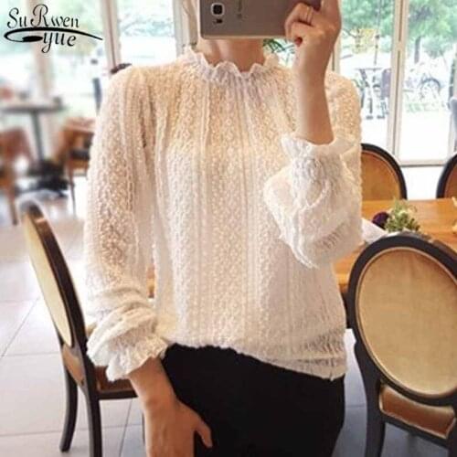 2021 Petal Long Sleeve Fit Blouses Sweet Lace Shirts Autumn New Flower Stand-up Collar Women Loose Hollow Out White Blouse 11685