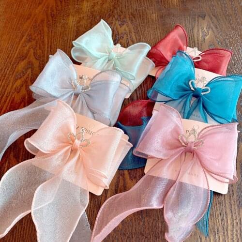 6pcs/lot Pearlescent Mesh Streamer Hair Bows French Clips Crystal Crown Princess Ponytail Hair Clip Sweet Hairgrips Accessories