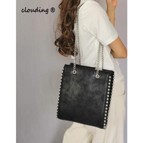 Retro Chains Rivet Large Capacity Tote Bag Women Shoulder Bags Lady Commuting PU Leather Purses Bags Solid Color Bag Bead Bolsa