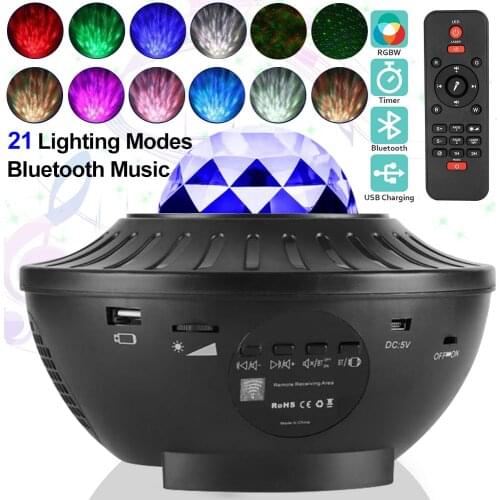 Galaxy Starry Night Lamp LED Star Projector Colorful Light Ocean Wave 21 Colors with Music Bluetooth Remote Control Kids Gifts