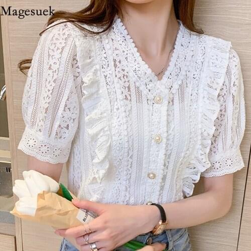 Summer V-neck Short Sleeve Blouse Women 2021 New Fashion Ruffle Lace Crochet Tops Hollow White Casual Shirt Clothes Blusas 13990