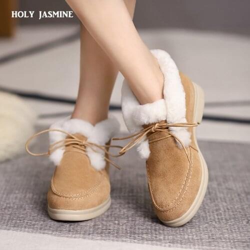 Fashion Women Winter Suede Ankle Boots Girl Wool Snow Boots Ladies Casual Furry Shoes Slip on Flats Size 36-41 Lace-up Boots