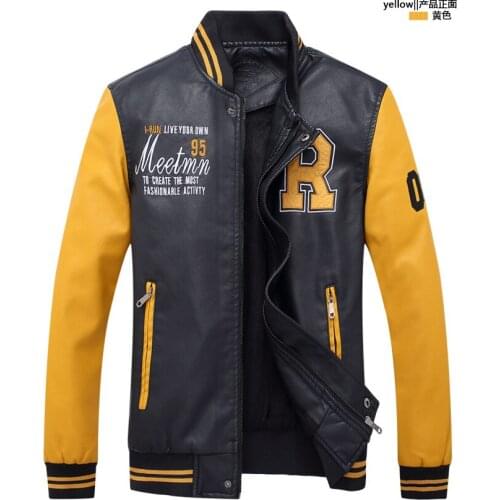 Mens Embroidered PU Leather Baseball Jacket Fitted Fleece Luxury College Pilot Jacket Mens Stand Collar Top Jacket Coat