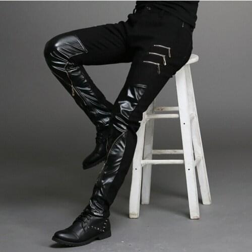 Spring Summer Fashion Motorcycle Korean Version Slim Men Leather Pants Zipper Personality Stitching Tight Leather Pants Trousers