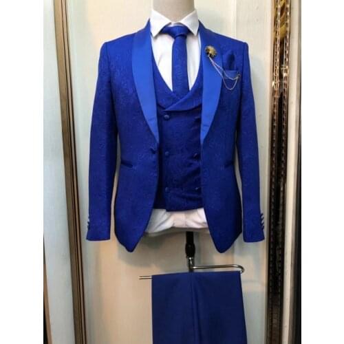 New Arrival Men Suits Royal Blue Groom Tuxedos Shawl Satin Lapel Groomsmen Wedding Best Man ( Jacket+Pants+Vest+Tie ) C943