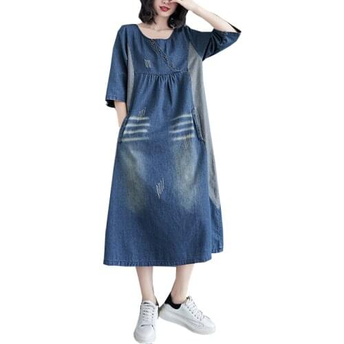 Summer Autumn Women Denim Mid-Sleeve Dress Loose O-Neck Casual Office Jeans Dress Vestidos Robe Party Dresses FC1232