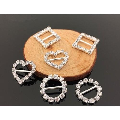 10Pcs/pack Round Square Heart Shape Crystal Rhinestone Buckle Invitation Wedding Ribbon Slider For Wedding Silver Accessories