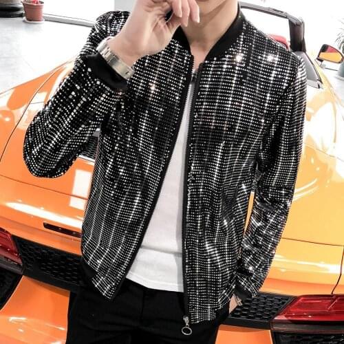 Sequined Jacket Men Shiny Sequins Long Sleeve Glitter Zipper Pocket Coat Hip Hop Nightclub Loose Stage Streetwear Coats Slim C