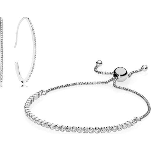 NEW 100% 925 Sterling Silver Fashion 297691CZ OVAL EARRINGS Strand Bracelet 590524CZ Set RAU0519 Jewelry