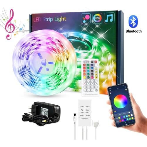 LED Strip Lights Bluetooth 15m Music Sync 5050 RGB Controlled by APP+Remote+Mic+4 Button Switch Music Sync