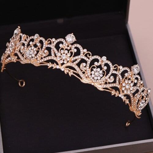 Baroque Vintage Gold Crystal Heart Bridal Tiaras Crowns Rhinestone Pageant Diadem Crown Hairband Wedding Hair Accessories