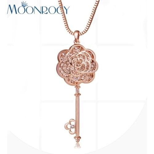 MOONROCY Rose Gold Color Drop Shipping Cubic Zirconia Crystal Rose Flower Sweater Key Necklace Long Chain Jewelry Gift for Women