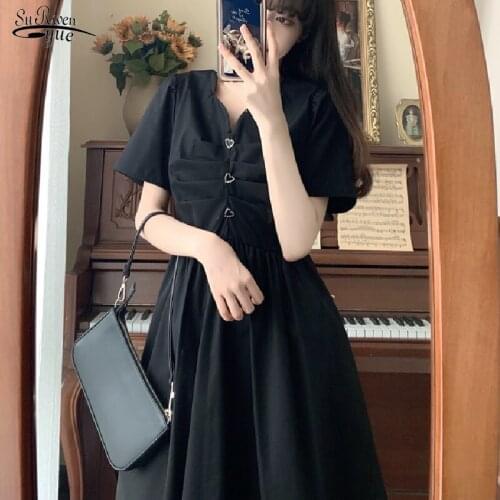 Summer Elegant Black Dress Women Party V-Collar French Vinatge Loose Long Dress Female Sweet Short Sleeve Dresses Robes 15696