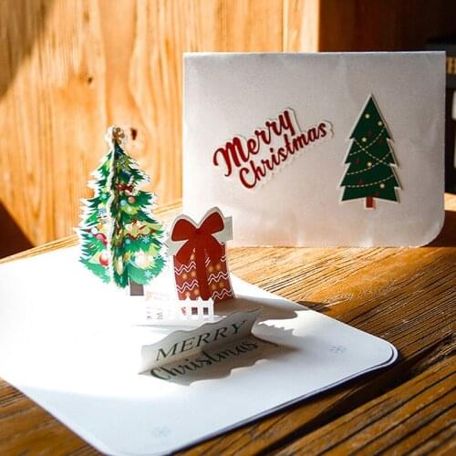3D Handmade Merry Christmas Evergreen Tree and Gift Box Paper Invitation Greeting Cards PostCard Creative Gift