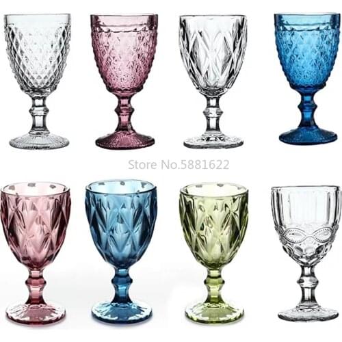 4pcs/Set Coloured Goblet Wine Glass 300ml 10.5oz Diamond Relief Thickened Champagne Water Juice Cup Hotel Wedding Houseware