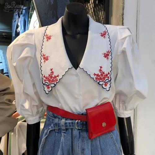 Floral Embroidery Peter Pan Collar Blouse Women 2021 Summer Puff Sleeve Women Shirt Single Breasted Female Clothing Blusas 14172