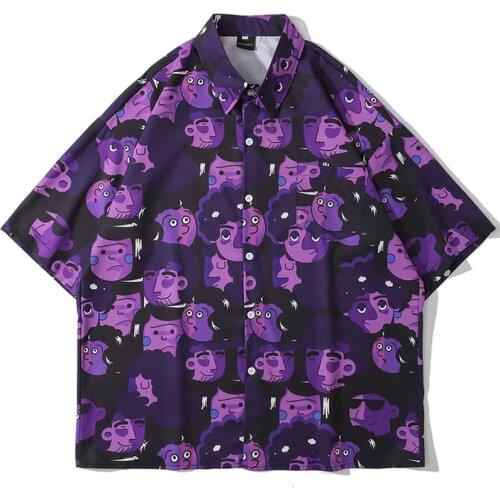 Mens Oversize Hawaiian Shirts Cartoon Print Turn-Down Collar Polo Shirt Unisex HipHop Streetwear Holiday Male Tropical Top