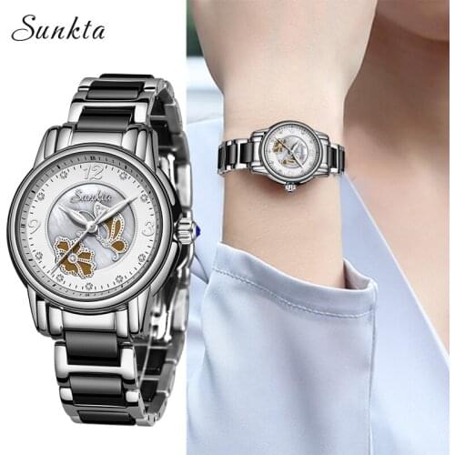 Stainless Steel Ceramic Wristband Watch SUNKTA Top Brand Luxury Women Watches Waterproof Crystal Biamond Watches Women Relogio