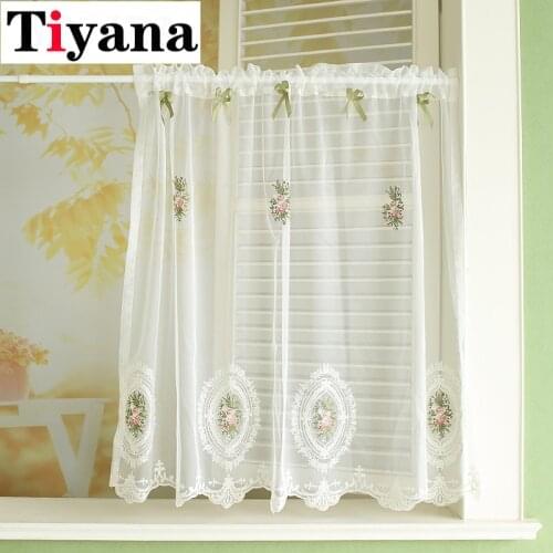 1 PCS Rod Pocket Korean Embroidered Short Curtain Half Curtains for Kitchen Green bow-knot Cabinet Door Cafe Window Drapes 243Z