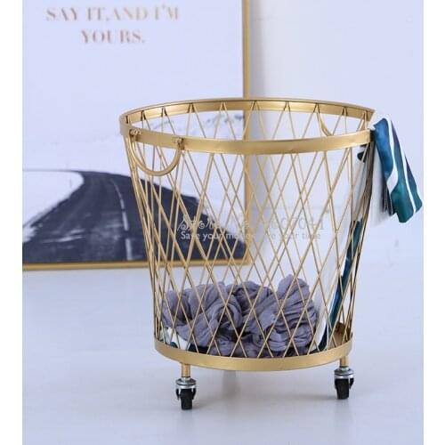 Creative Golden Iron Laundry Basket with Wheels Hollow Handle Metallic Lacquered Dirty Clothes /Toy Storage Box Home Organizer