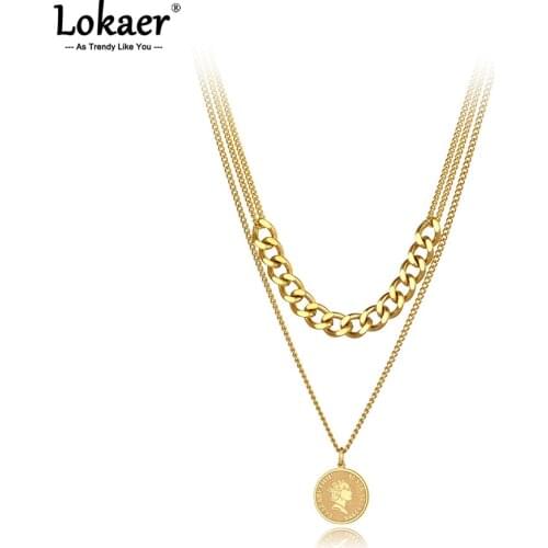 Lokaer Fashion Stainless Steel Queen Portrait Charm Pendant Necklaces Bohemia Double Layer Chain Necklace For Women Girls N21124