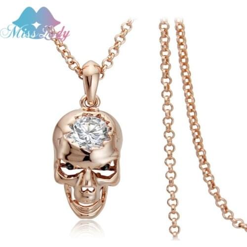 Miss Lady Rose Gold color Zirconia Crystal Long Skull Necklaces Pendants Wholesales Fashion Jewelry for women MLM2989N