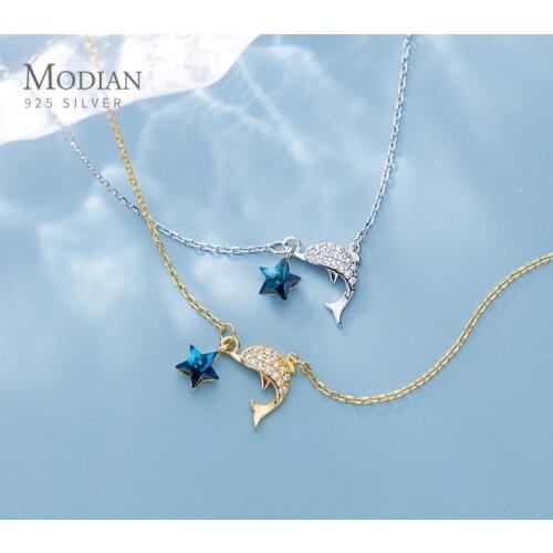 Modian Clear CZ Marine Life Dolphins 925 Sterling Silver Pendant Necklace for Women Sweet Cute Star Pendant Fashion Fine Jewelry