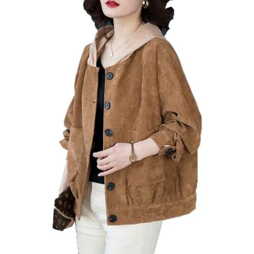Fashion Womens Jacket New 2020 Spring Autumn Short Corduroy Zipper Coat Jackets Tops Women Casual Hooded Outerwear Plus Size