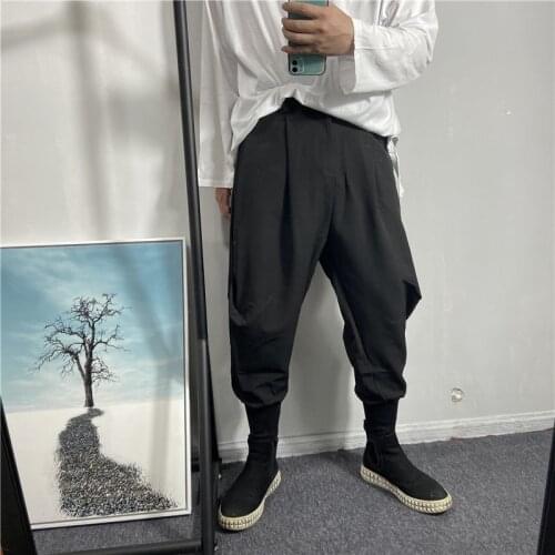 2021 autumn mens simple black elastic non ironing Leggings casual pants Korean fashion pleated Harlan Leggings