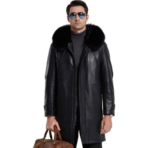 2019 New Mens Fur Mens Hooded Oversized Fox Fur collar Leather Mens Thick Detachable liner coat More size M-3XL 4XL