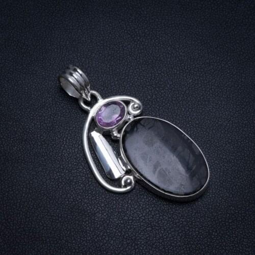 Natural Picasso Jasper and Amethyst Handmade Vintage 925 Sterling Silver Pendant 1 3/4" T0460