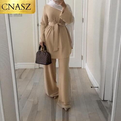 New Fashion Muslim Two pieces set Simple Beautiful Refreshing Dress Middle East Dubai Suit Islamic Turkey Dubai Ladies Clothing