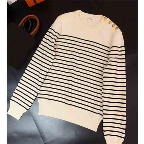 Early Spring Women 2021 Pullovers Cotton O-Neck Golden Button Black White Striped Knitted Sweater Pullover Fashion