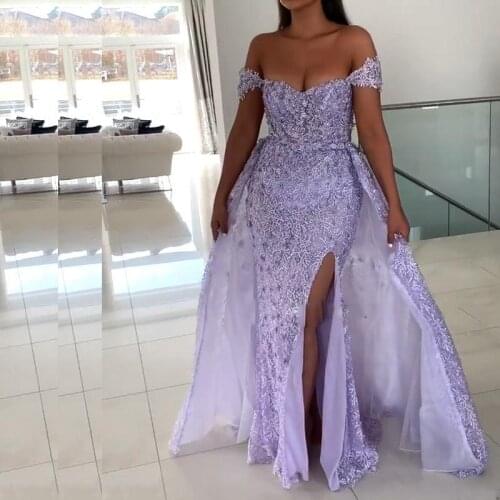 Lilac Side Split Mermaid Evening Dresses 2021 Sexy Off the Shoulder Beaded Lace Prom Gowns With Detachable Train Vestidso De Fie