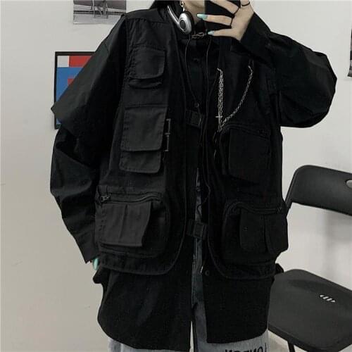 Trend ins dark tactical function multi-pocket tooling vest jacket for men and women