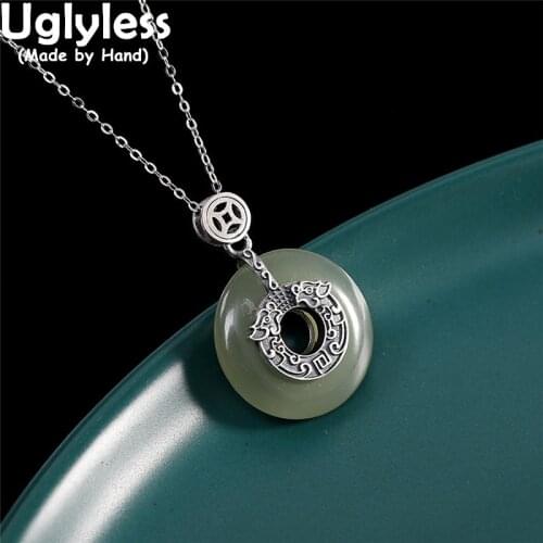 Uglyless Thai Silver Vintage Ethnic Jewelry for Women Natural Jade Circles Pendants Necklaces NO Chains 925 Silver Peace Buttons