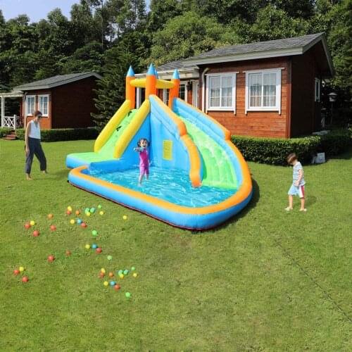 Water spray slide large trampoline slide water park with pool for wet and dry