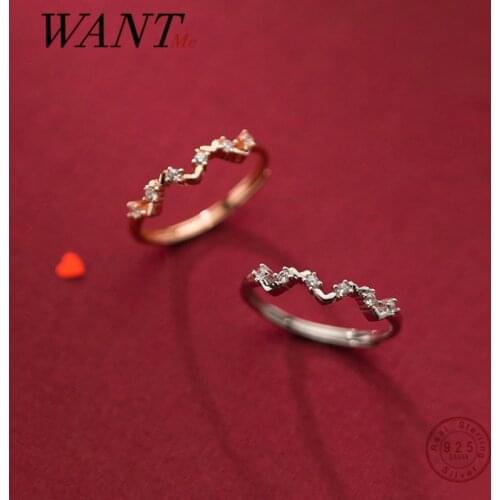 WANTME Real 925 Sterling Silver Geometric Zircon Wave Crown Opening Finger Couple Ring for Women Wedding Engagement Jewelry Gift