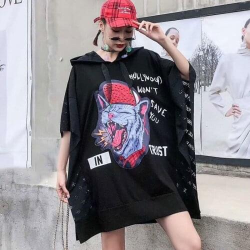 2020 Spring and Summer New Cartoon T Shirt Women Beaded Stitching Ruffled Hip Hop Hooded T-shirt