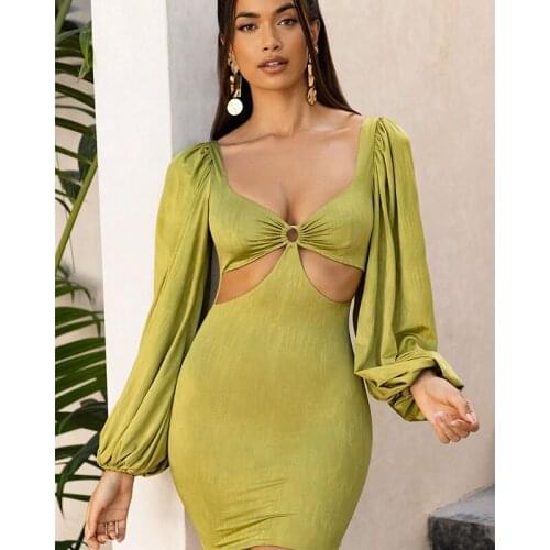 Womens Clothing Dresses for Women Maxi Willon Green Dress Short Prom Sexy Party Night Club Sex Hollow V-neck Lantern Sleeve