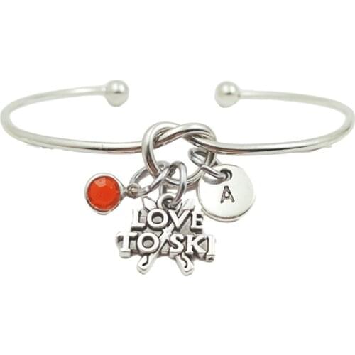 Love To Ski Retro Creative Initial Letter Monogram Birthstone Adjustable Bracelet Fashion Jewelry Women Gift Pendant