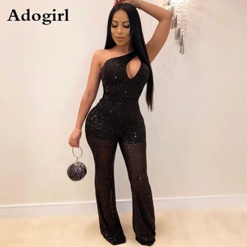 Women Sexy Sheer Mesh Sparkly Sequined Sexy One Shoulder Jumpsuit Hollow Out Skew Collar Romper Wide Leg Pants Party Overalls